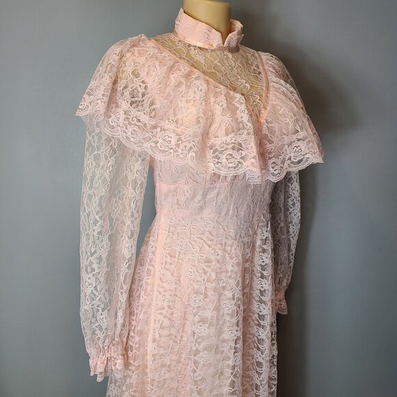 Vintage 70s Victorian Cottagecore Pink Lace Flounce Sleeve Prairie Maxi Dress S - Picture 9 of 16